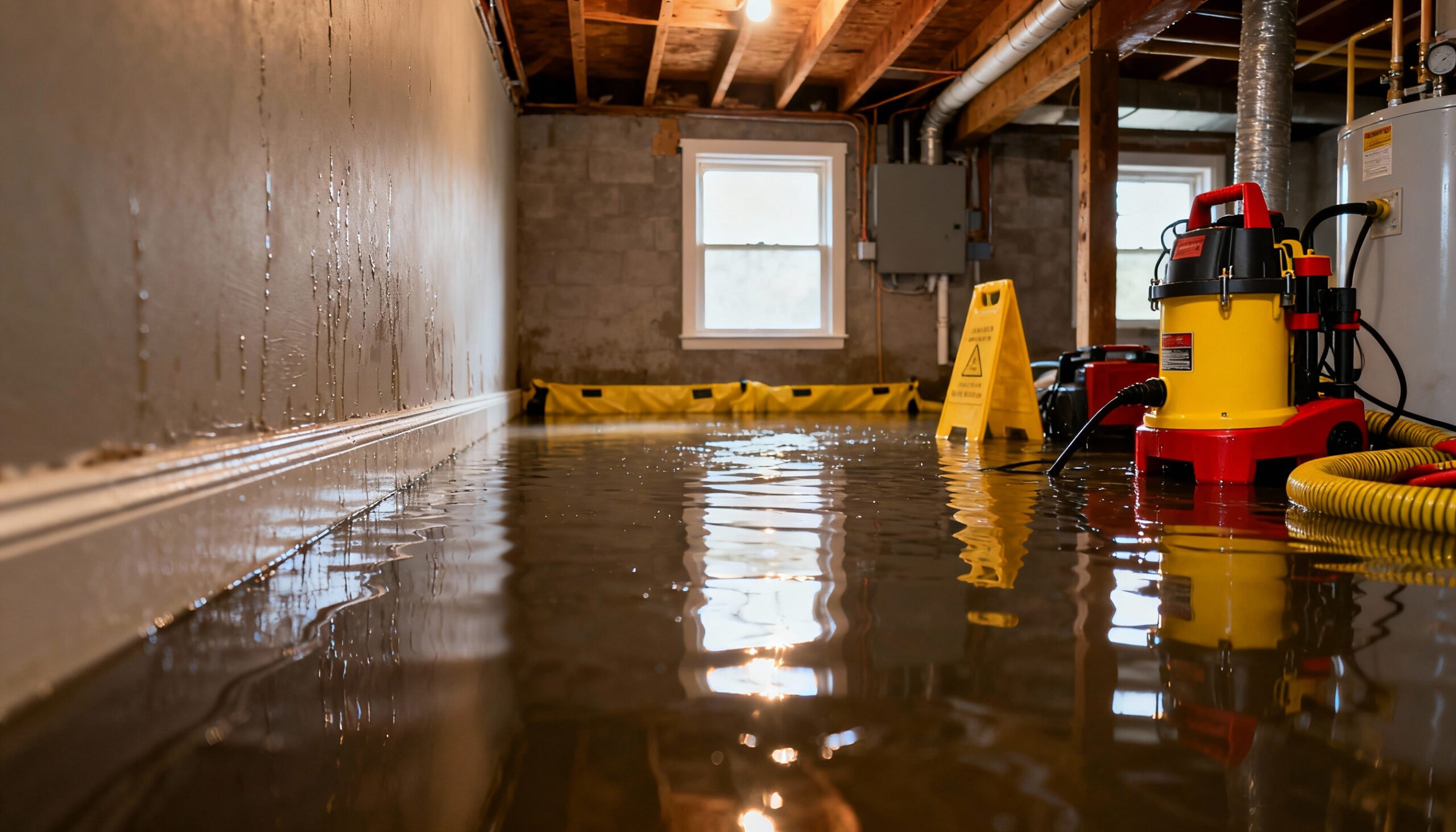 Basement flooding in Toms River home during winter storm with standing water