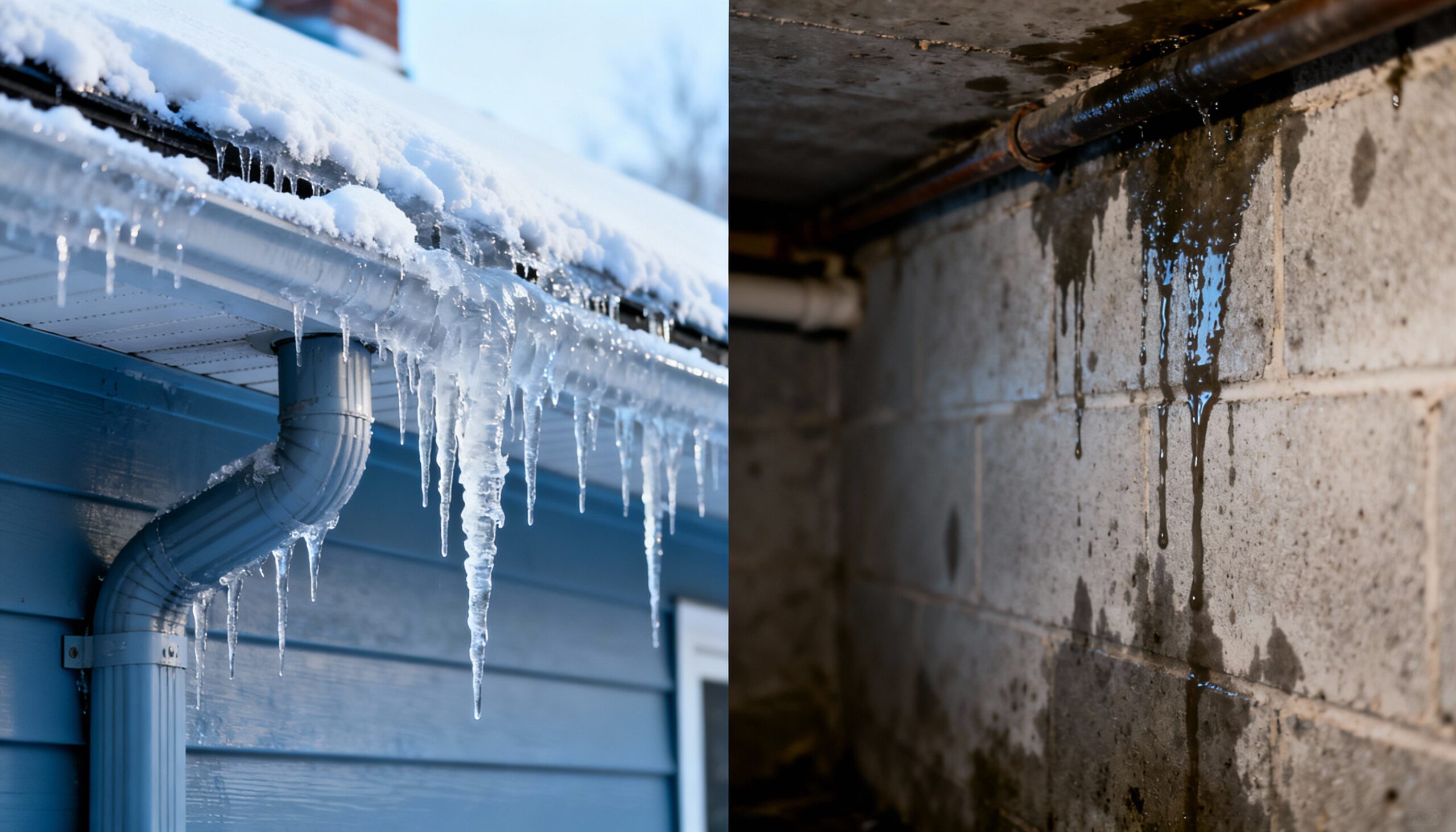 Winter storm causes basement flooding from frozen drainage and ice dams