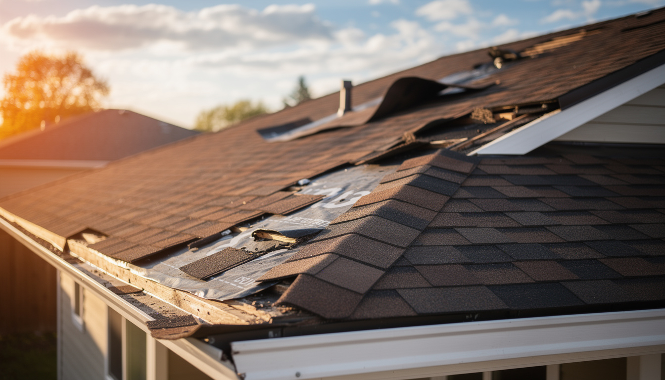 Wind damaged residential roof showing missing shingles and lifted edges requiring wind damage repair in Northern New Jersey