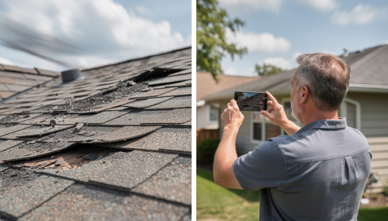 Wind Damage to Your Roof: Signs, Repair Options, and Insurance Claims Homeowner documenting wind damage to roof with smartphone for insurance claim and storm damage repair assessment