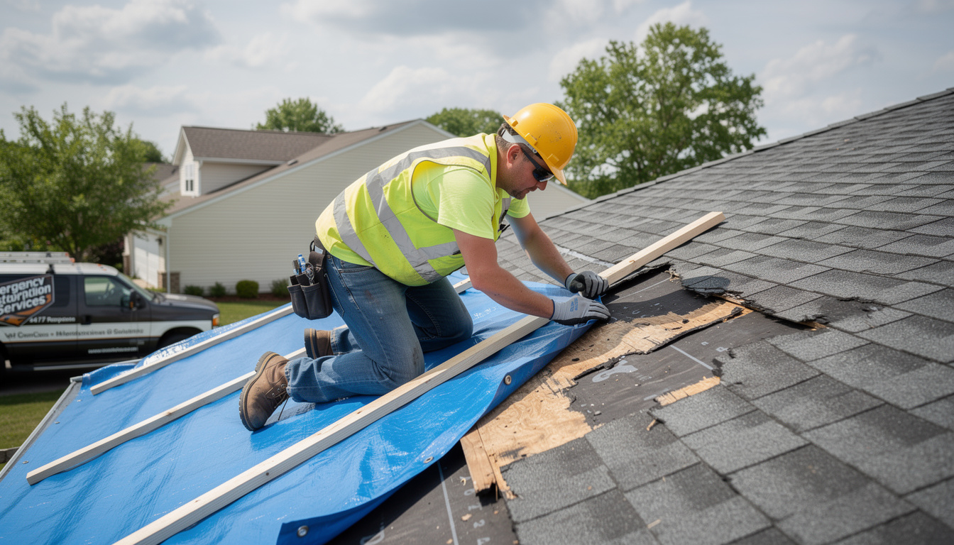 Wind Damage to Your Roof: Signs, Repair Options, and Insurance Claims Professional emergency tarping service protecting wind damaged roof to prevent water damage during wind damage restoration process