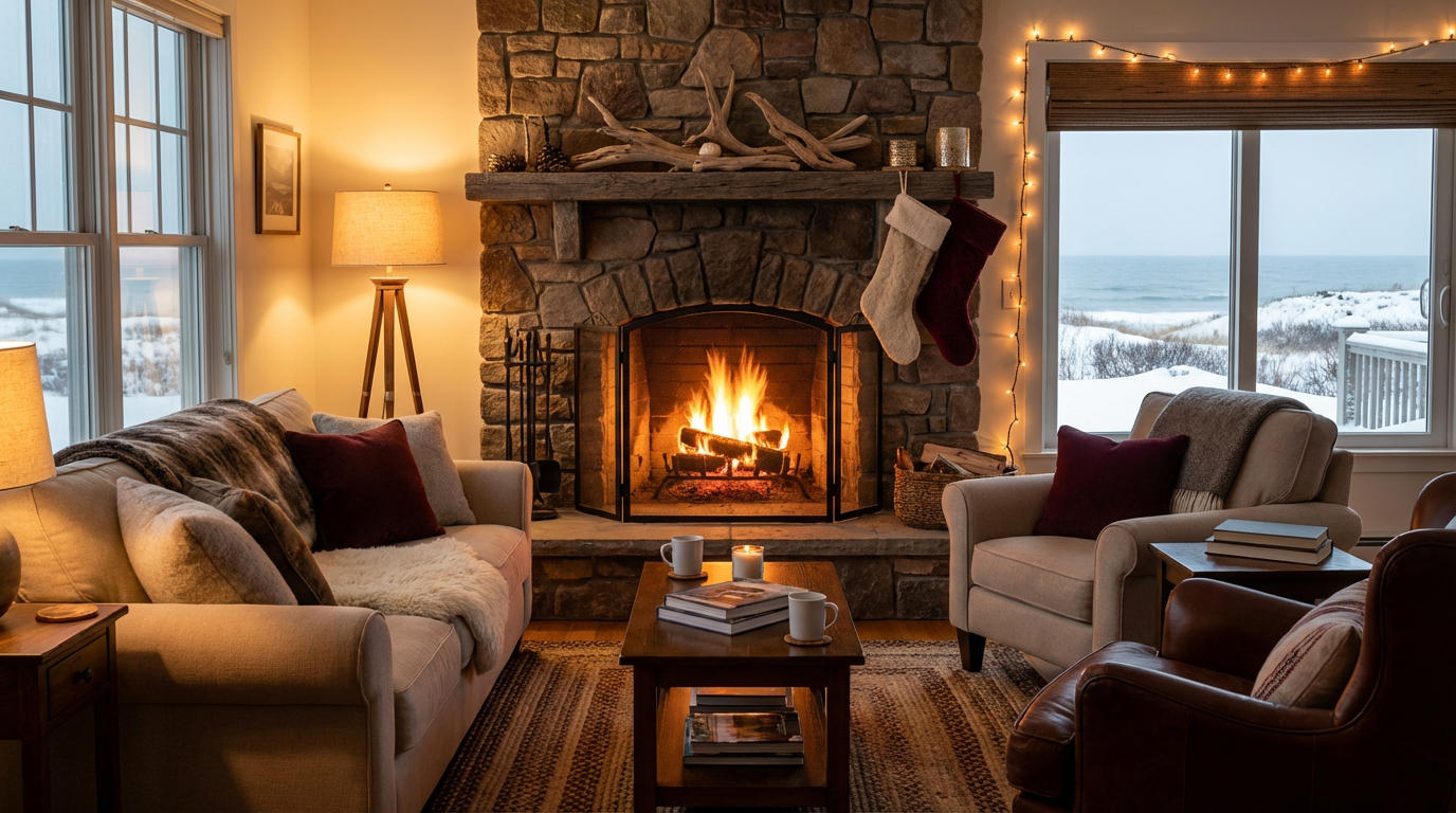 Winter fire safety in Toms River home with fireplace burning safely behind protective screen