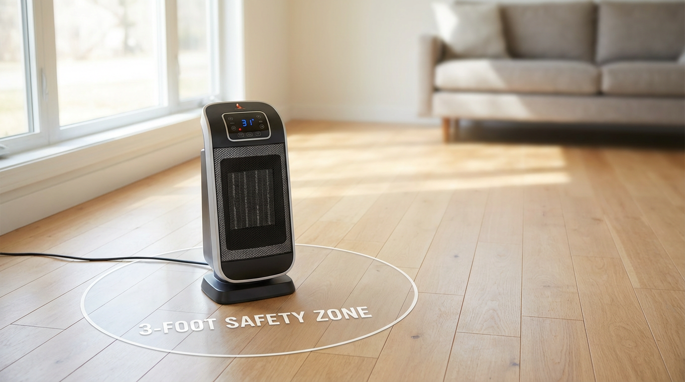 Winter Fire Safety in Toms River: Space Heater and Fireplace Hazards Space heater fire prevention showing proper 3-foot clearance zone in Toms River home