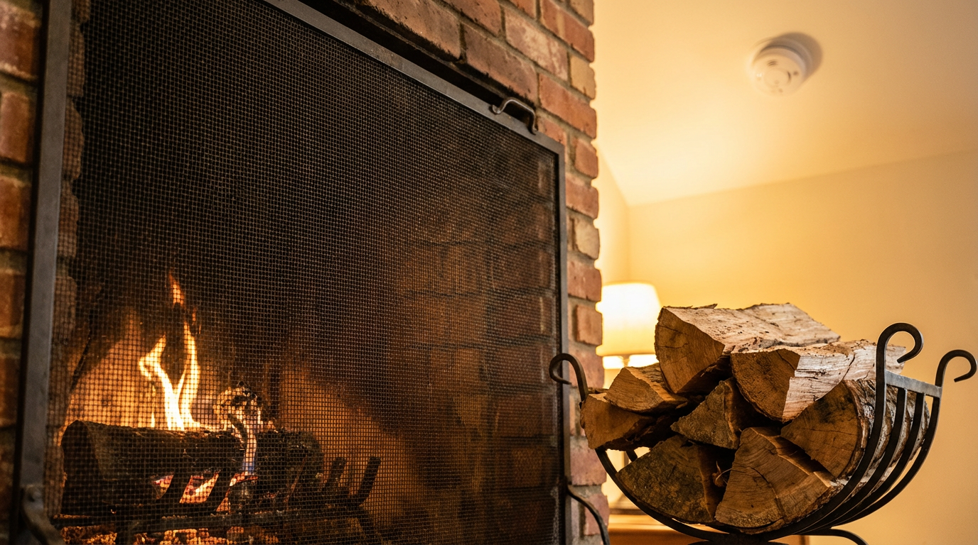 Winter Fire Safety in Toms River: Space Heater and Fireplace Hazards Fireplace fire hazards prevention with protective screen and smoke detector in Ocean County home
