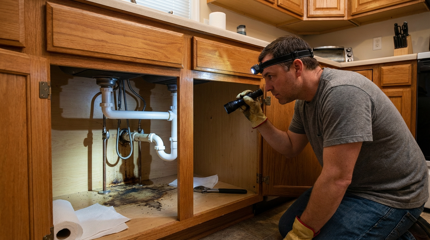 Year-End Property Inspection: Mold Red Flags for Harrisburg Homes Homeowner checking hidden mold signs under kitchen