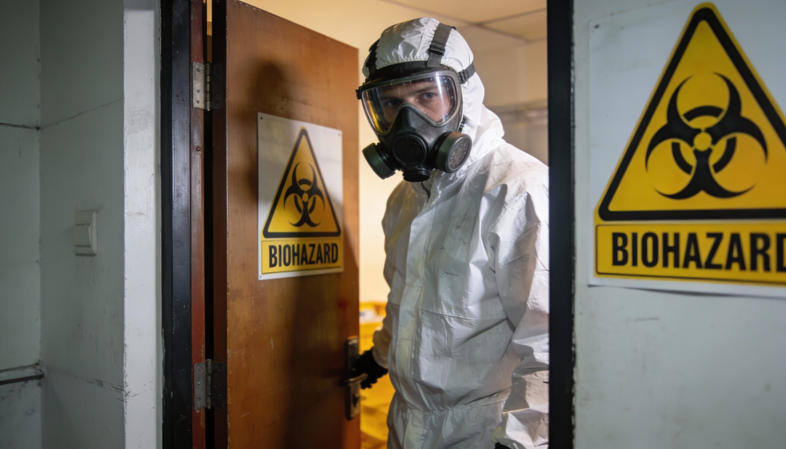 Professional biohazard decontamination technician in full PPE safety gear