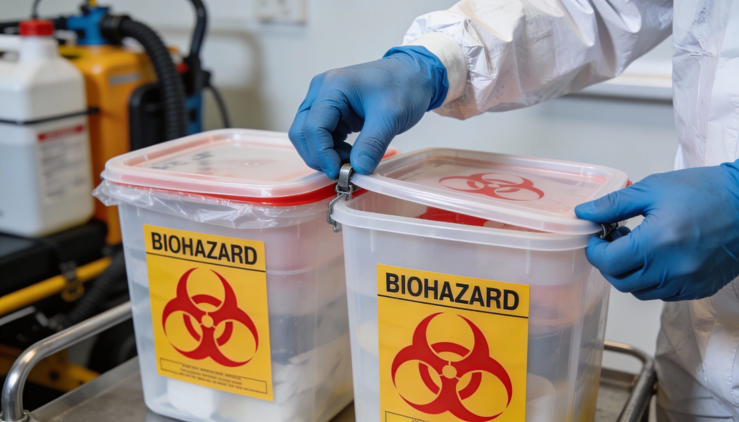 Biohazard cleanup process proper waste disposal and labeling