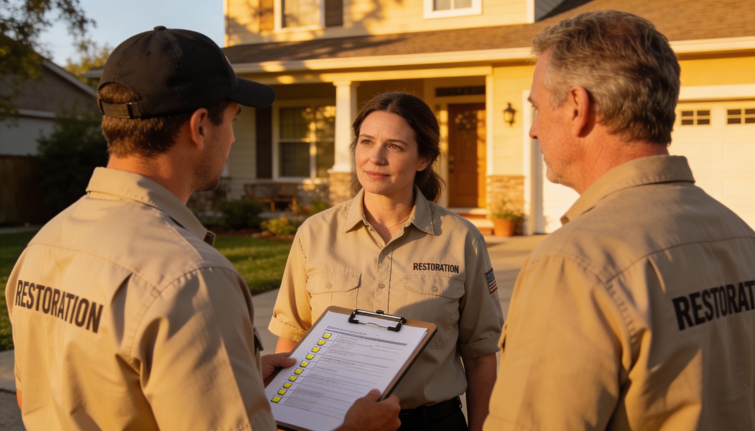 Choosing disaster restoration professionals consulting with homeowner