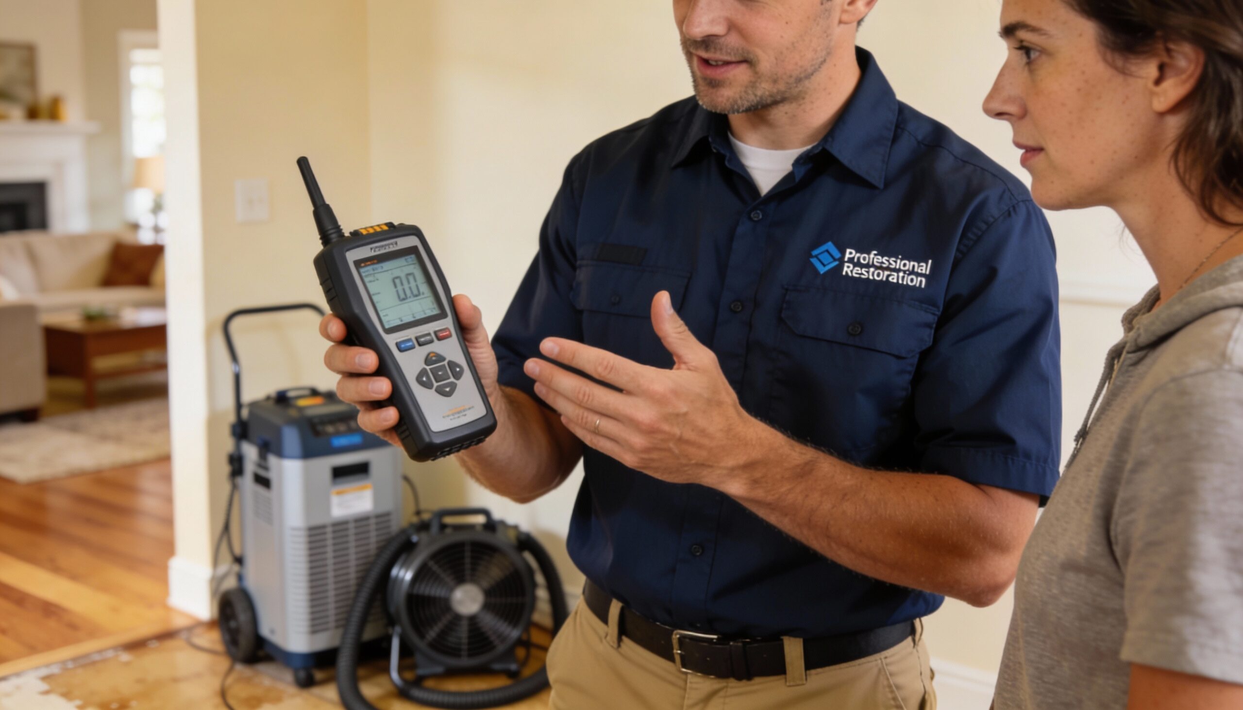 Quality restoration services technician explaining equipment to client