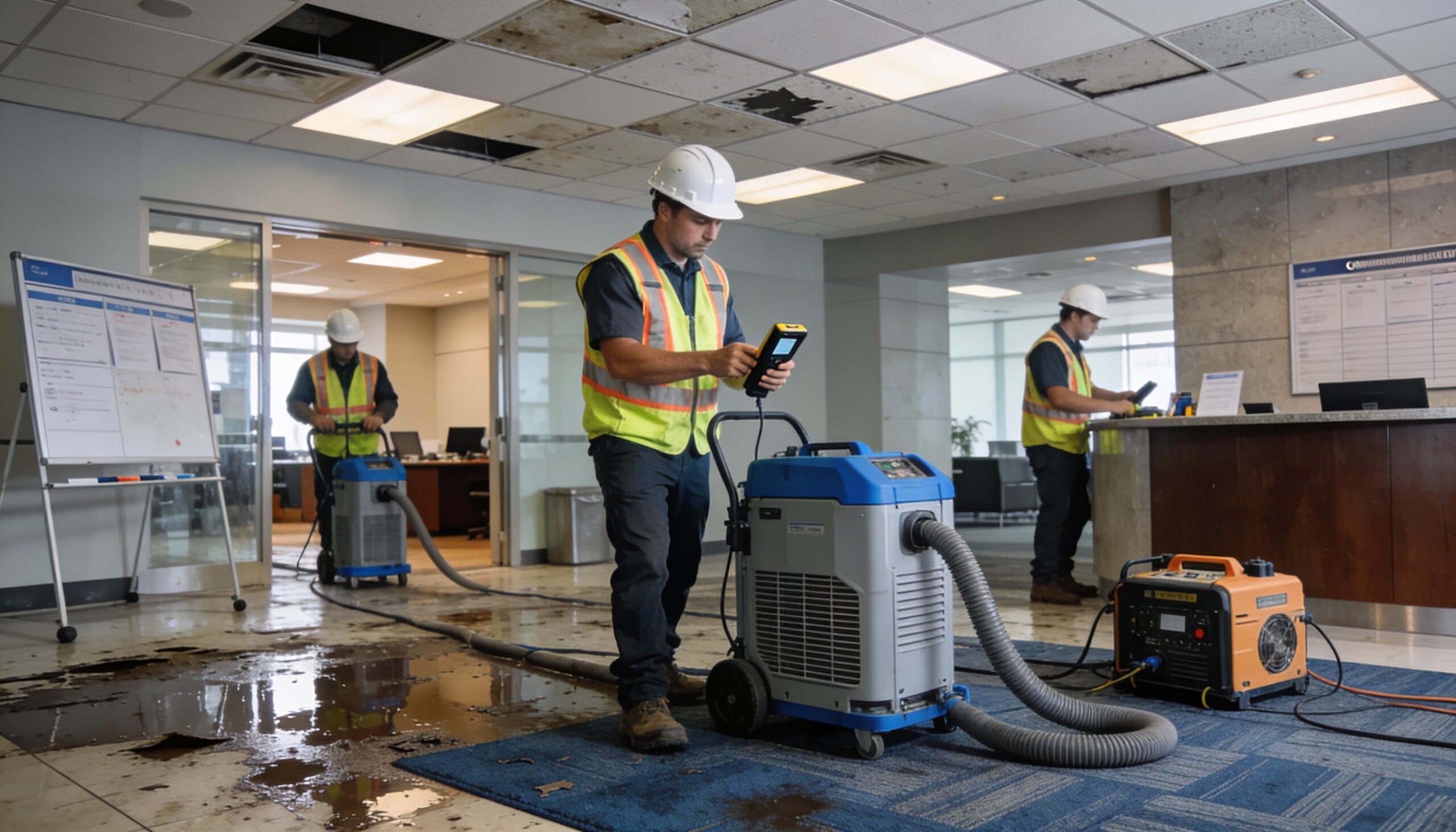 Business continuity restoration team responding to commercial damage