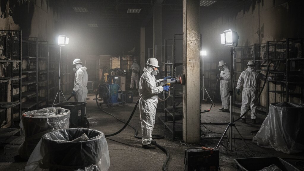 Commercial fire damage business fire restoration crew at work