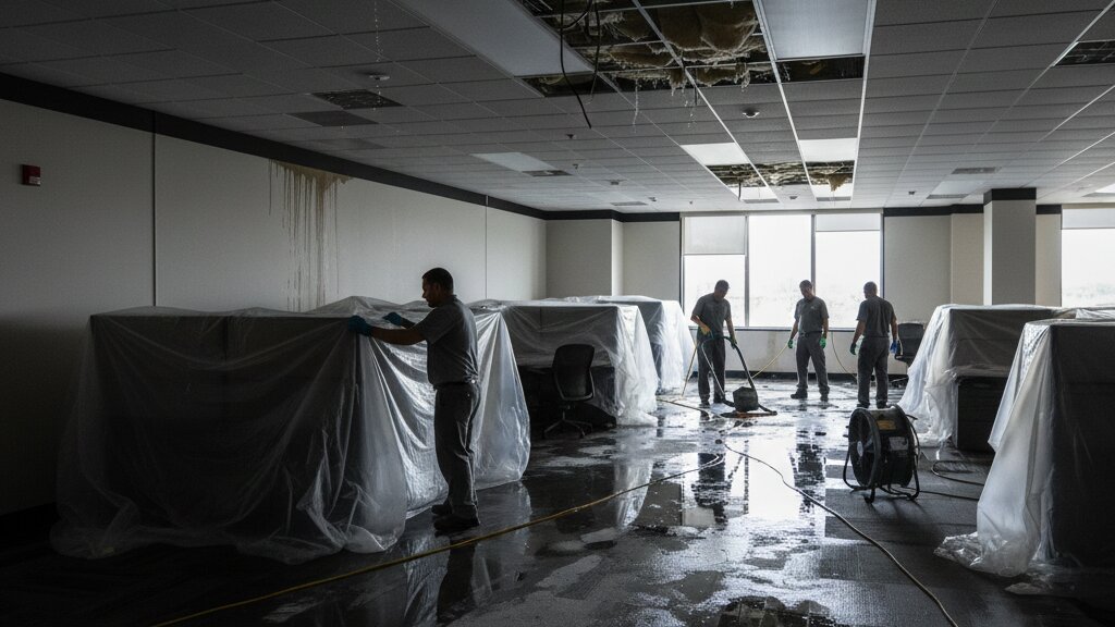 Commercial water damage in office space requiring business restoration