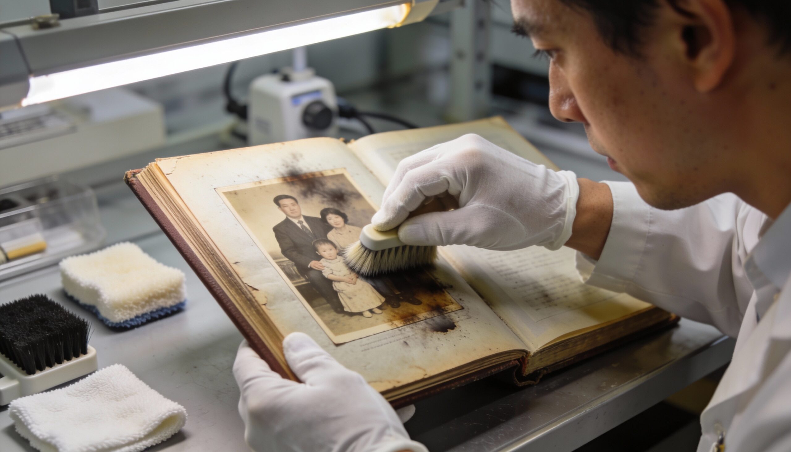 Content restoration technician salvaging belongings after fire damage