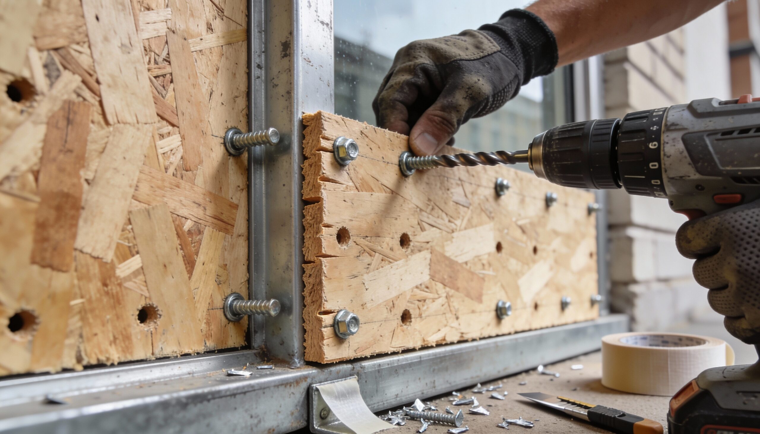Property emergency board-up services installation technique securing window frame