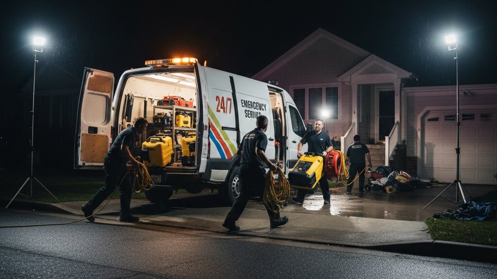 Emergency restoration response 24-hour emergency services team arriving