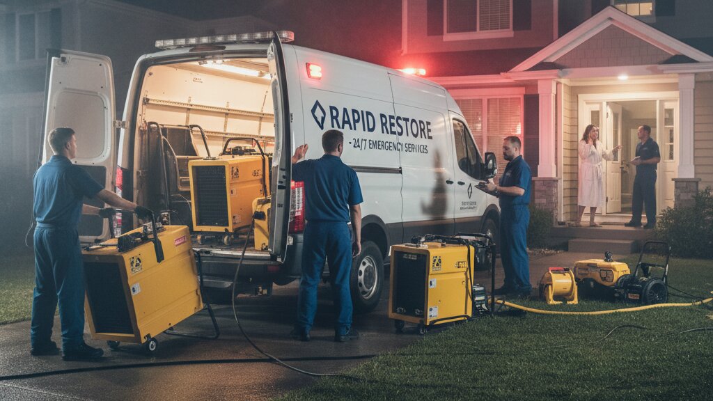 Emergency restoration services 24 hour restoration team arriving at night