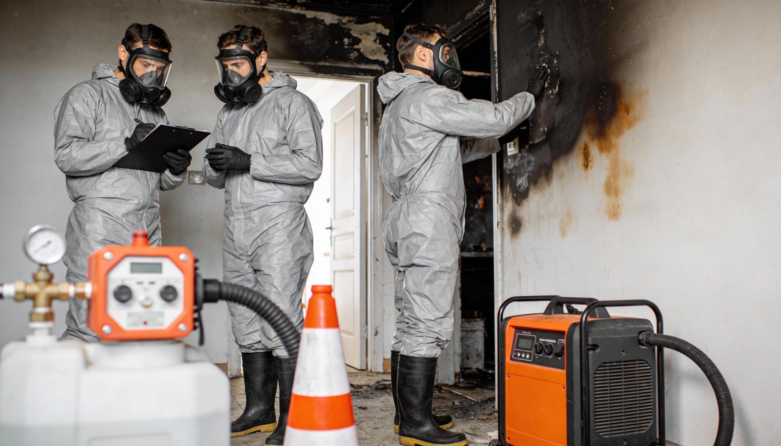 Fire damage cleanup safety team in full PPE assessing smoke damage