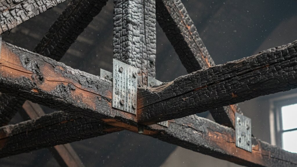 Fire Damage Structural Assessment: What Professionals Evaluate Structural fire damage charred roof truss fire damage evaluation