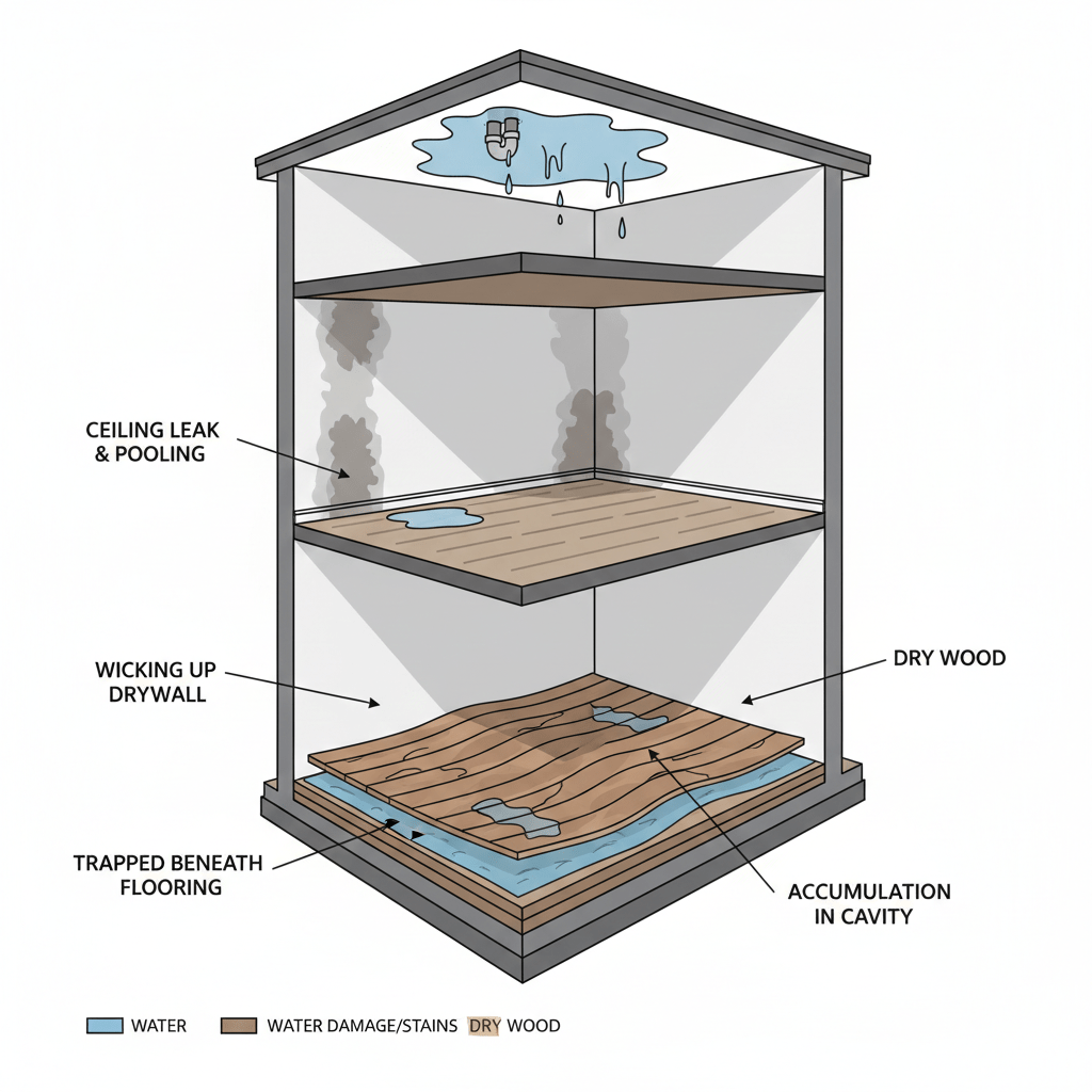Hidden Water Damage: Areas You Need to Check After Leaks and Floods Water damage behind walls illustration showing hidden damage pathways