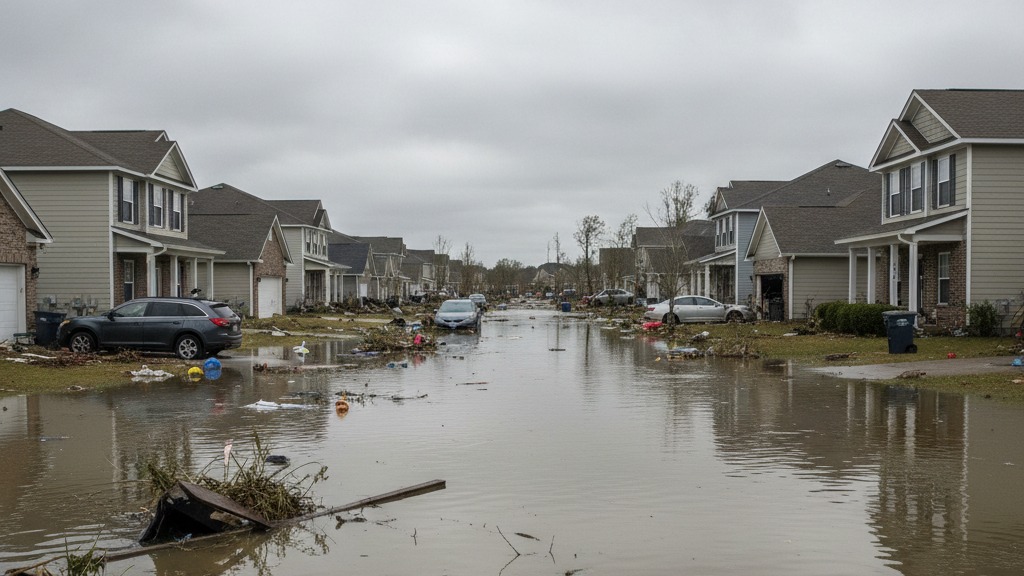 Hurricane flood damage residential neighborhood after storm surge cleanup