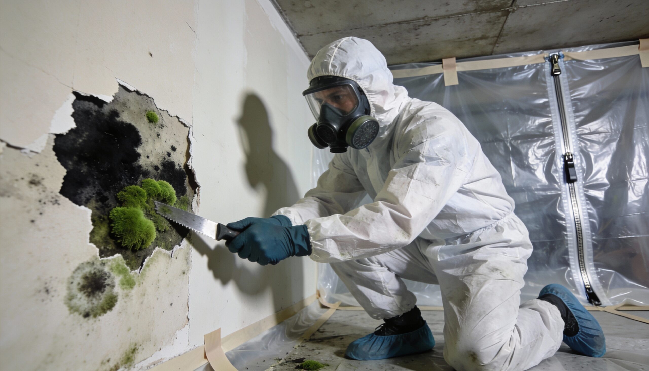 Professional mold damage restoration technician removing contaminated drywall