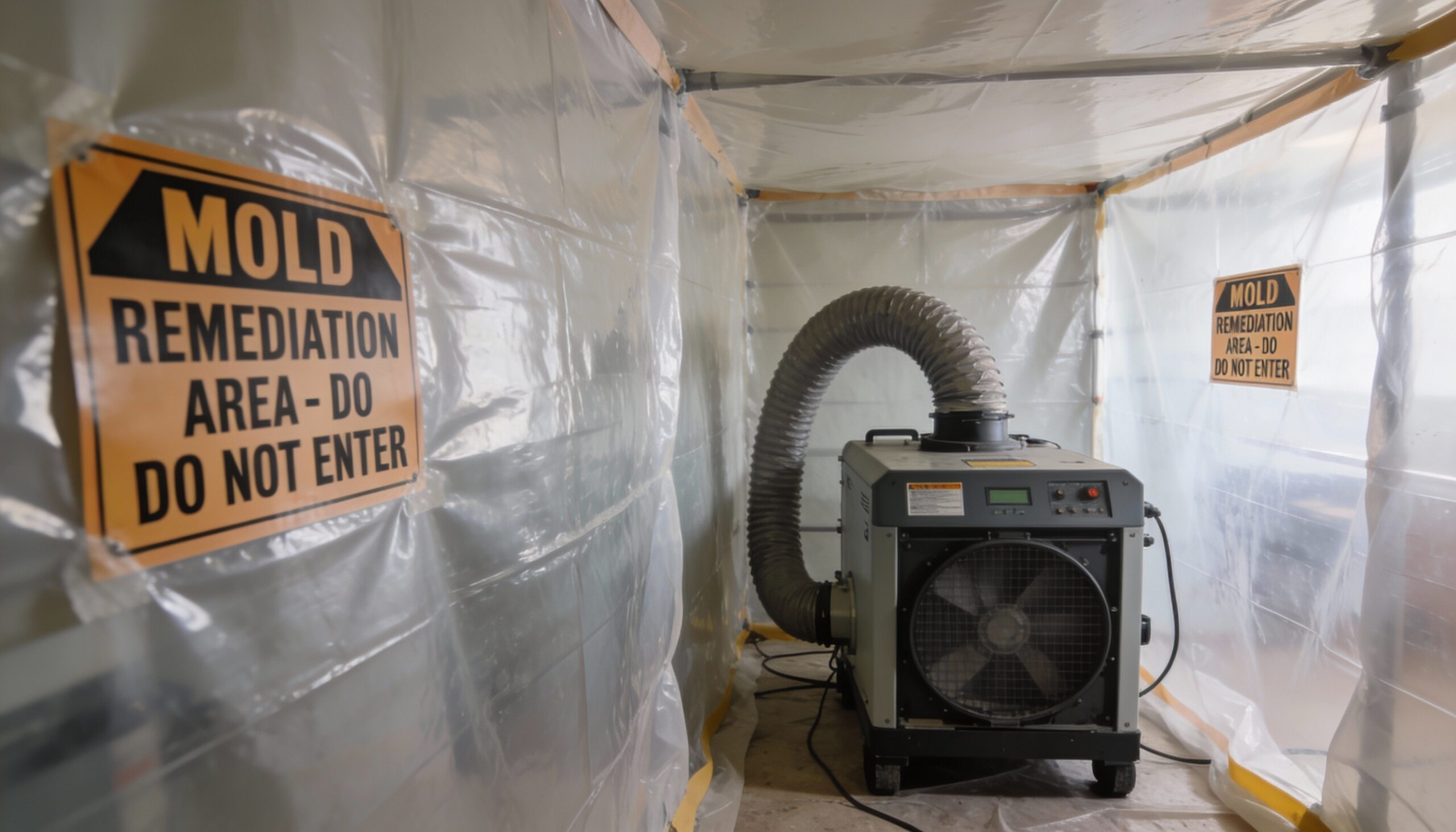 Mold remediation services containment setup with air scrubber