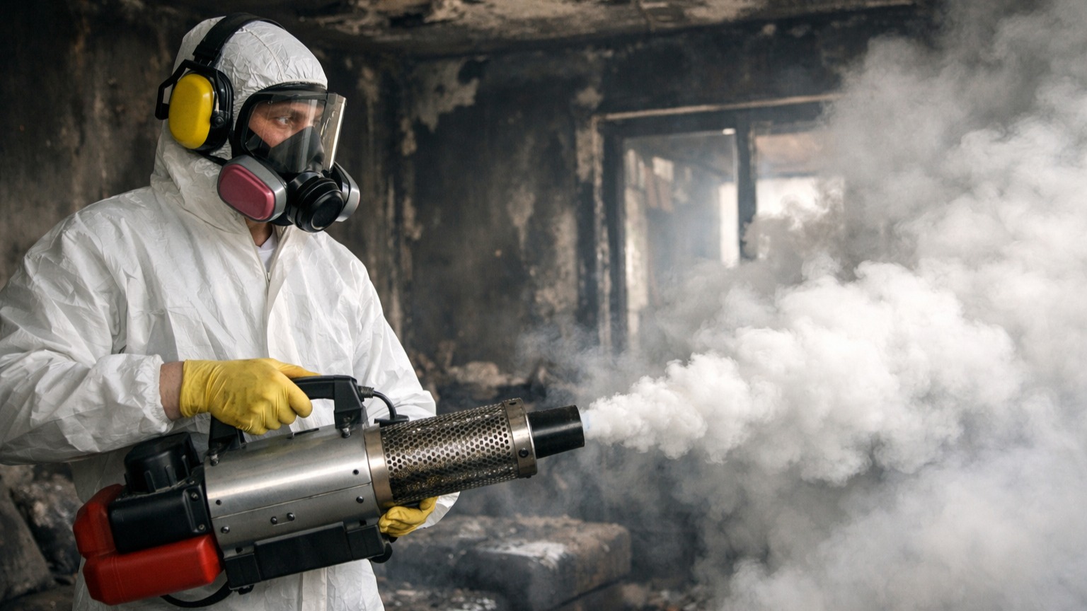 Professional smoke mitigation techniques using thermal fogging equipment