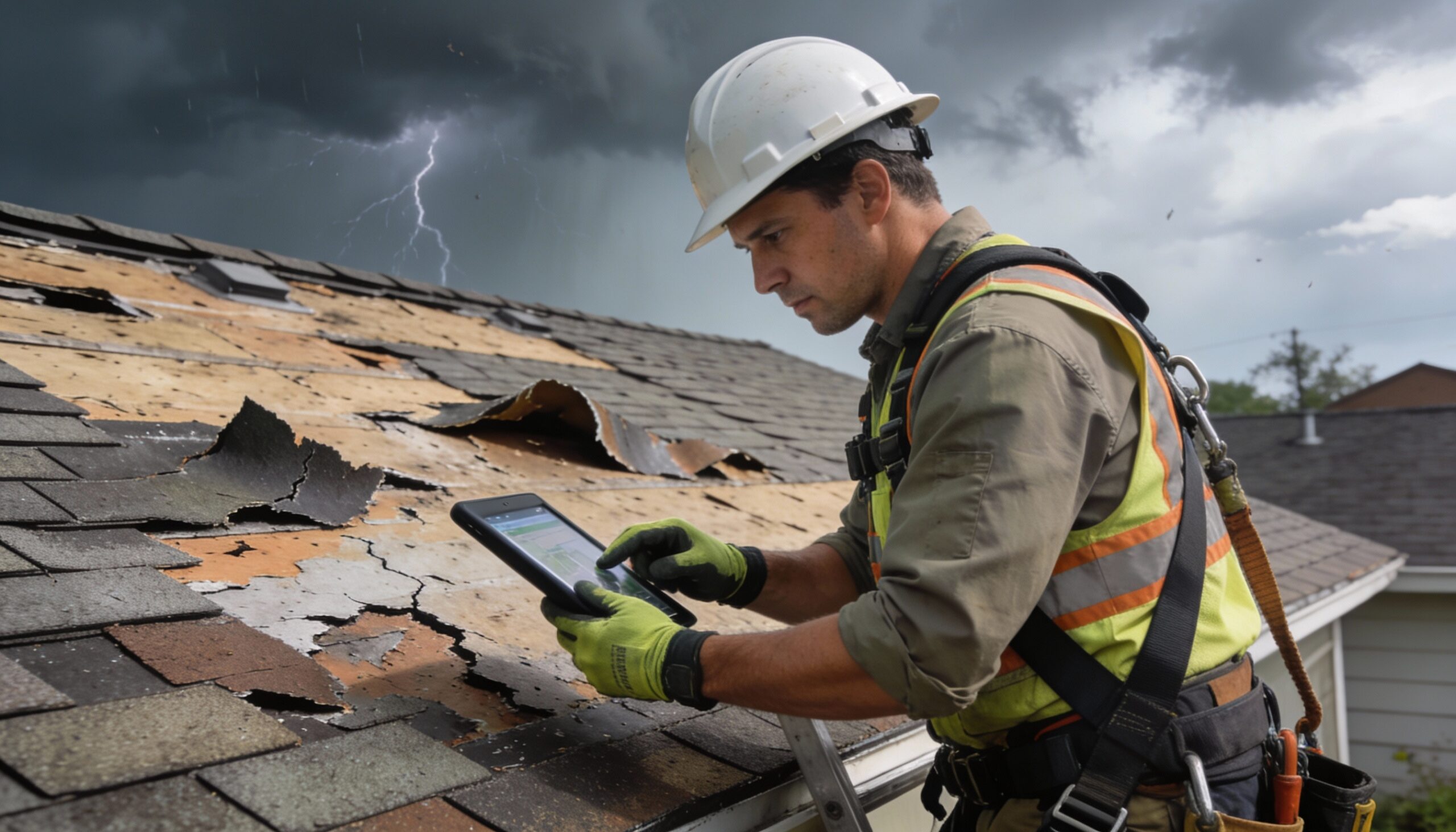 Professional storm damage assessment technician inspecting roof damage