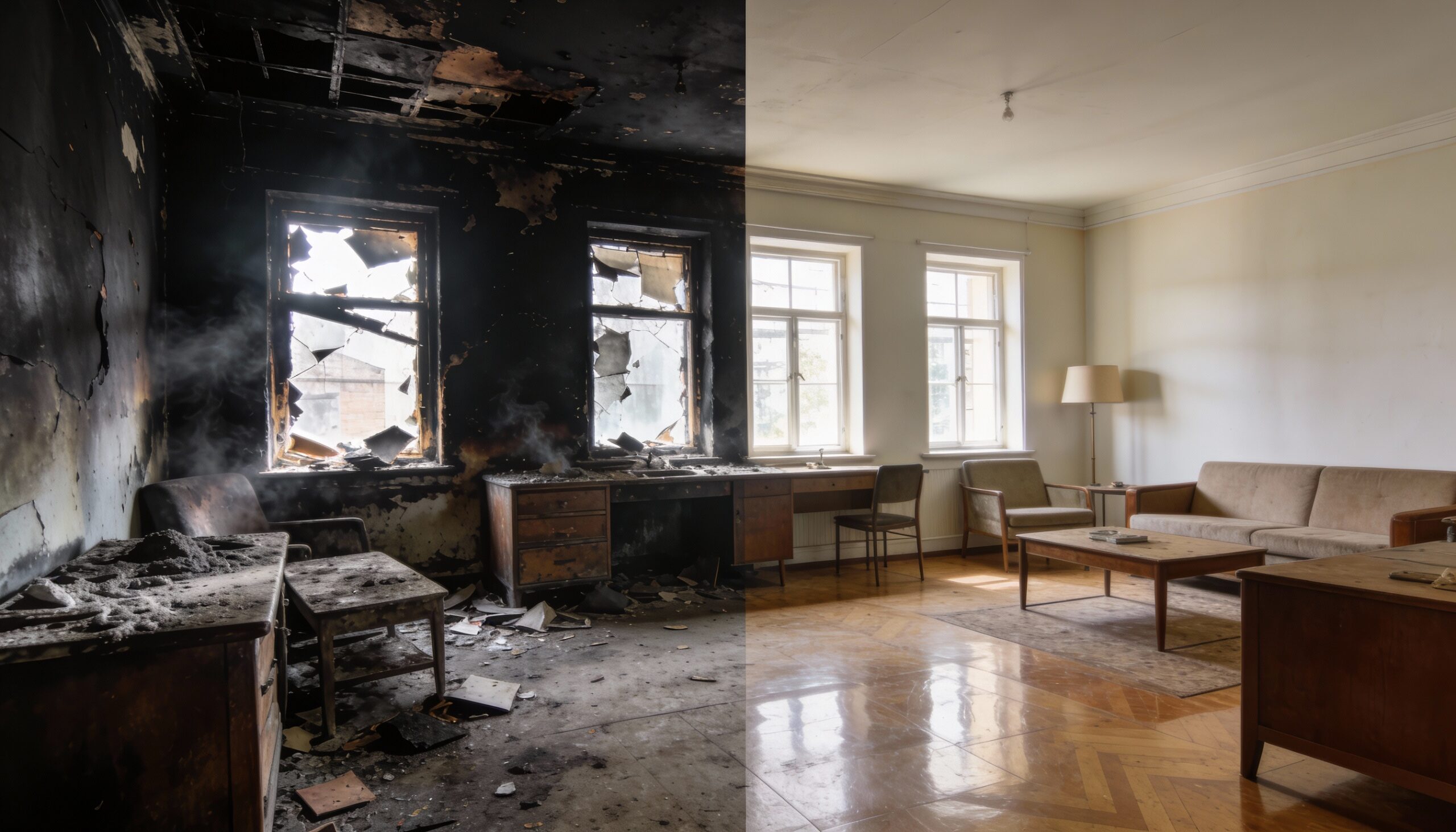 Residential fire restoration before and after fire damage recovery