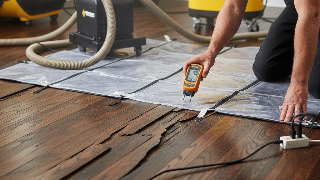 Hardwood floor water damage restoration using specialized drying mats