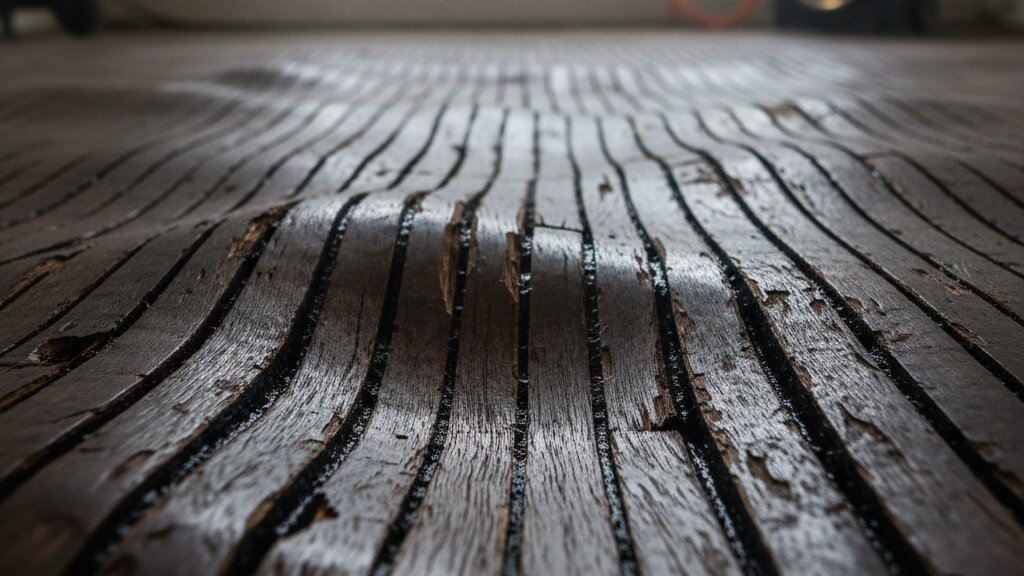 Water damaged wood floors showing cupping and buckling repair needed