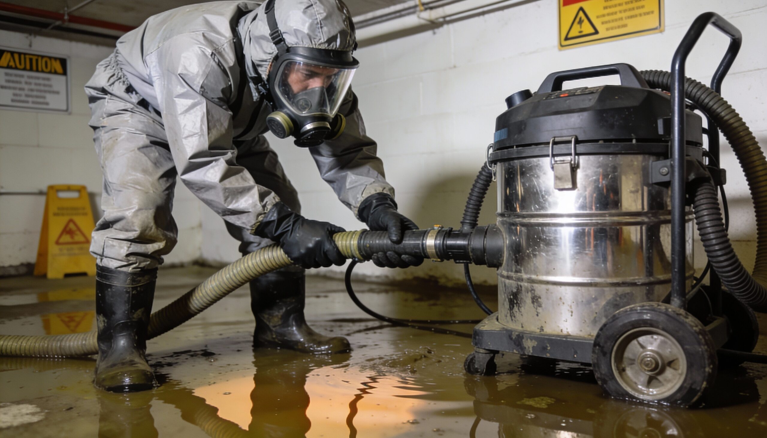 Sewage contamination health risks professional cleanup technician in PPE