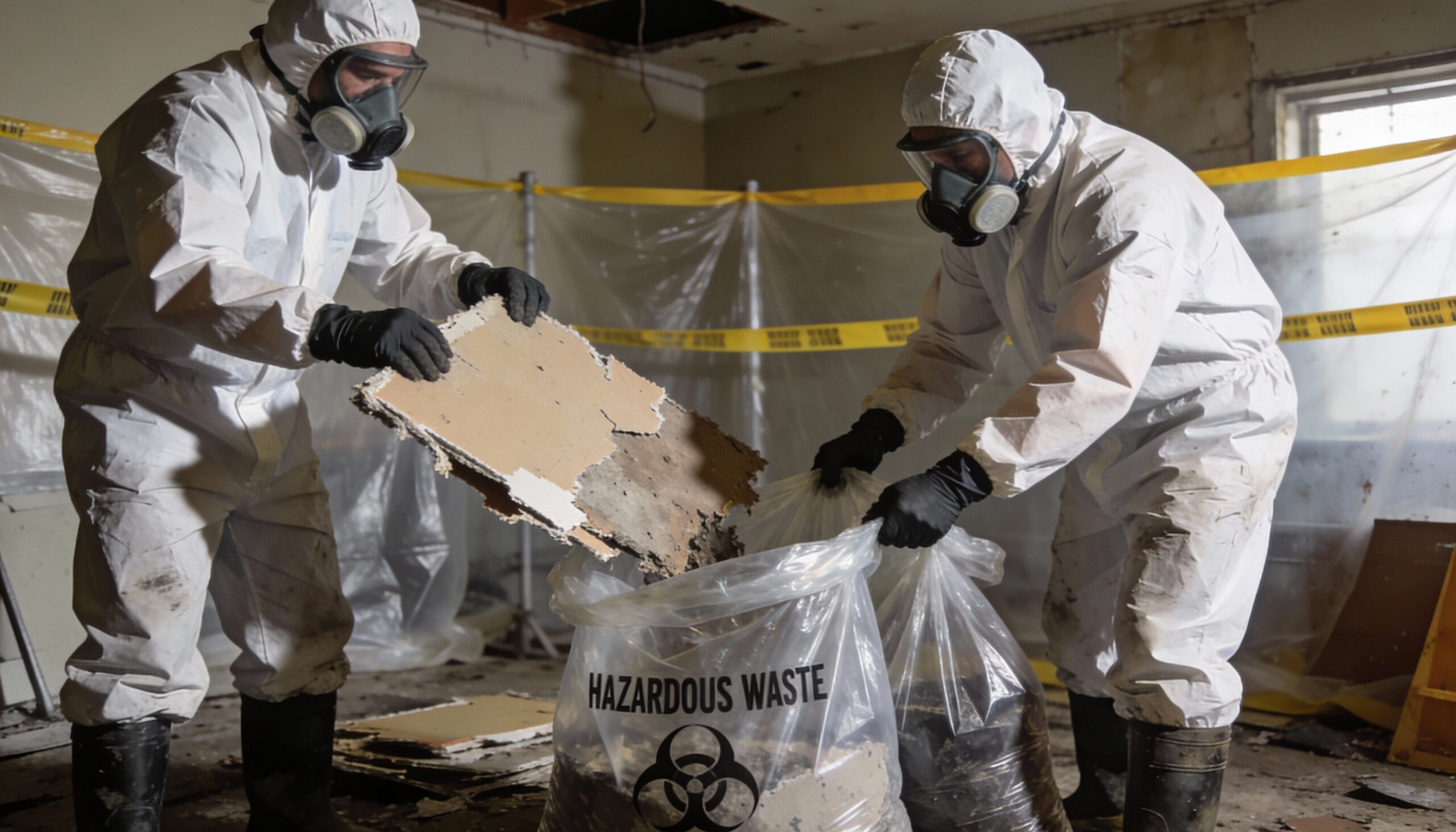 Professional sewage remediation crew removing contaminated materials