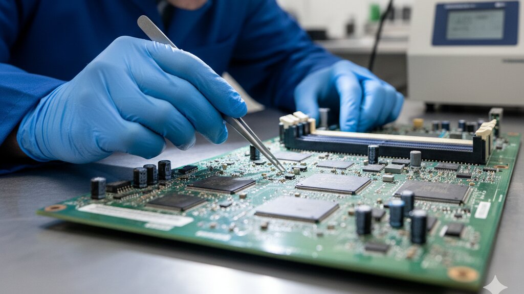 Smoke damage electronics technician assessing fire damaged electronics restoration