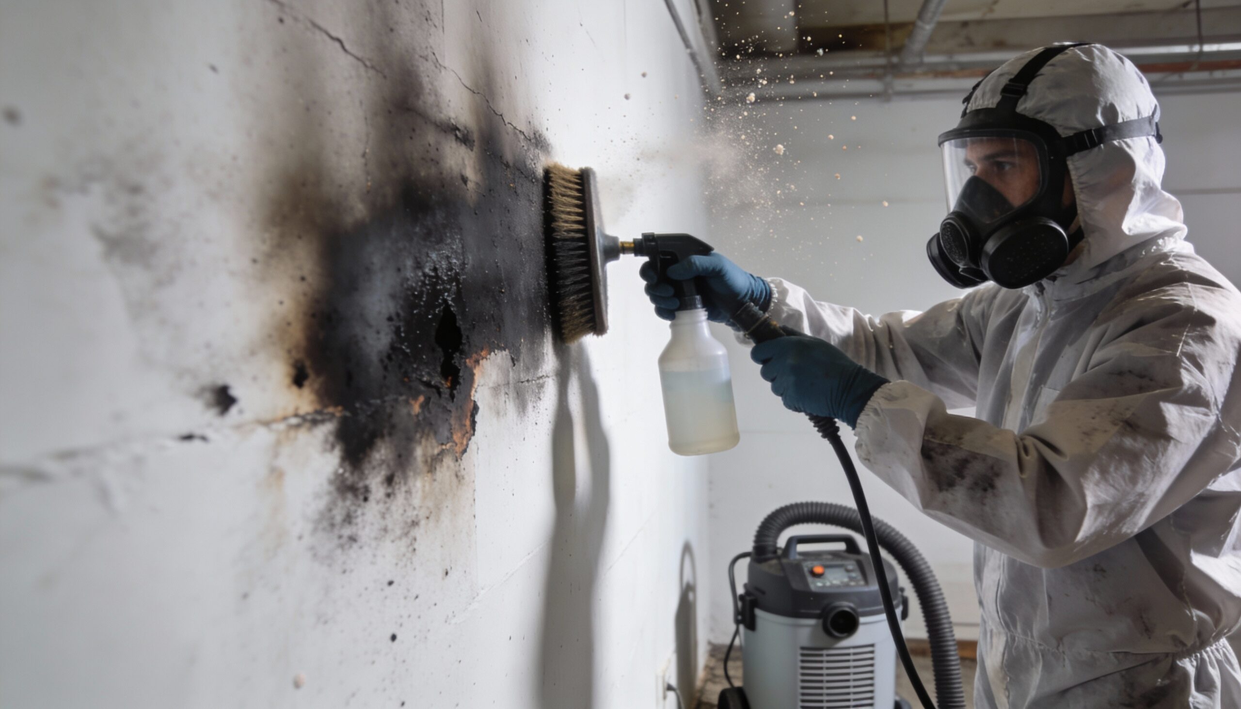 Professional smoke and soot removal technician cleaning fire-damaged walls