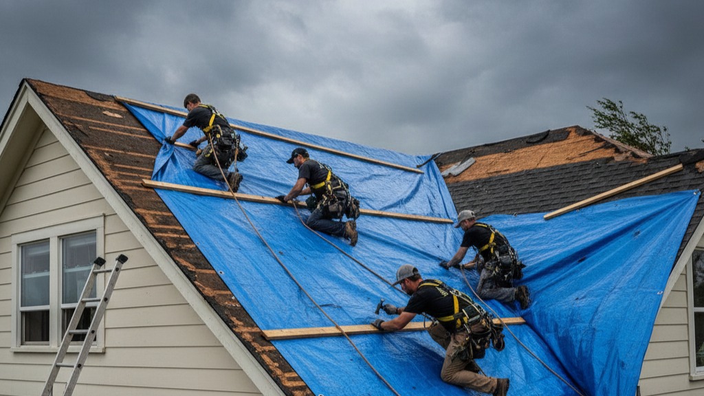 Emergency roof tarping services crew installing storm damage protection