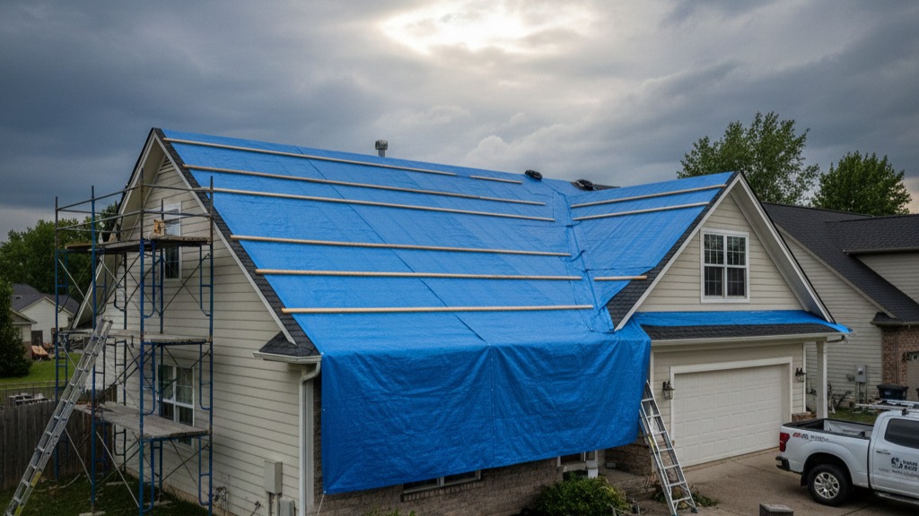 Storm damage protection with professional emergency roof tarping