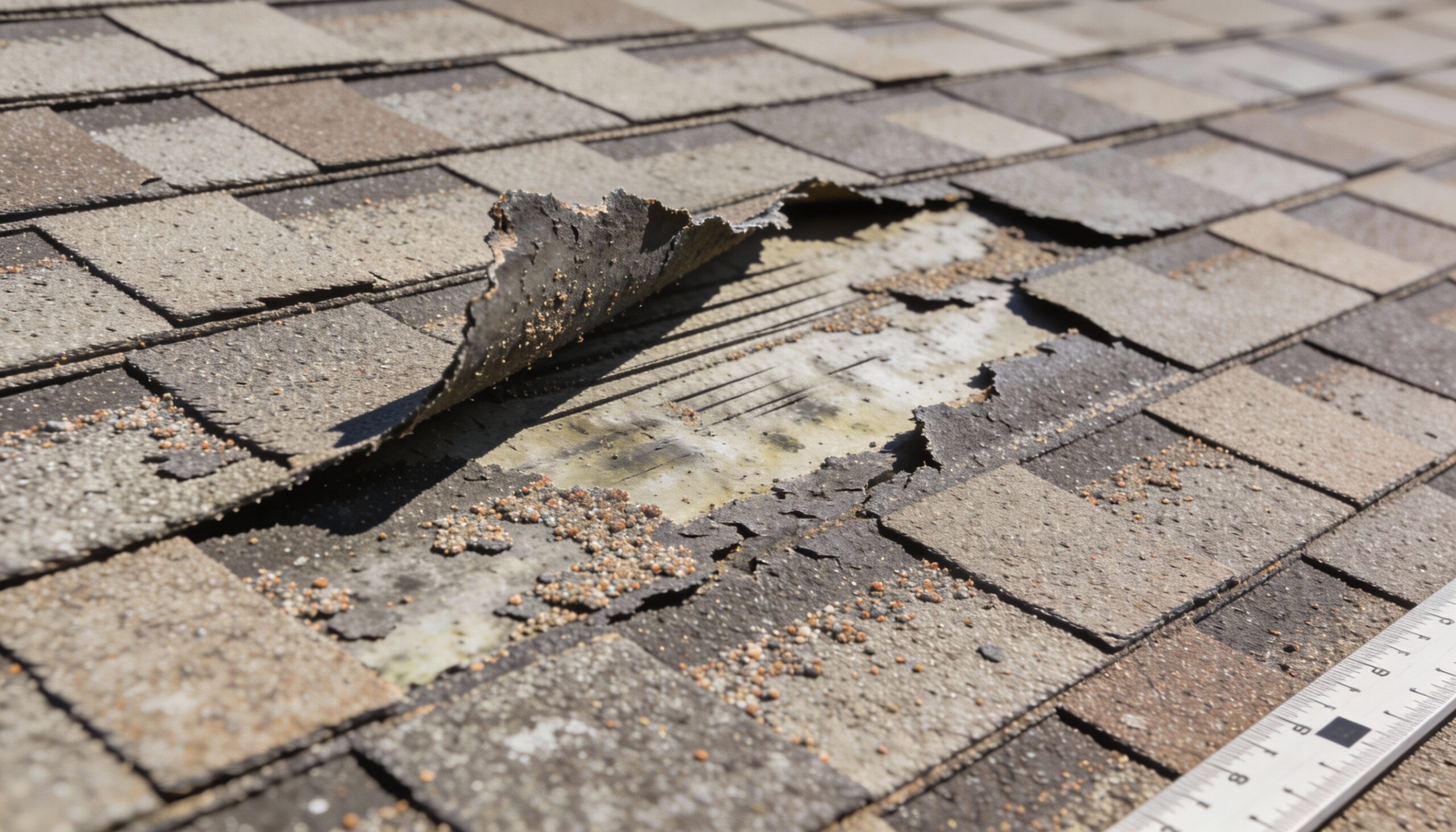 Wind damage assessment showing lifted and missing roof shingles