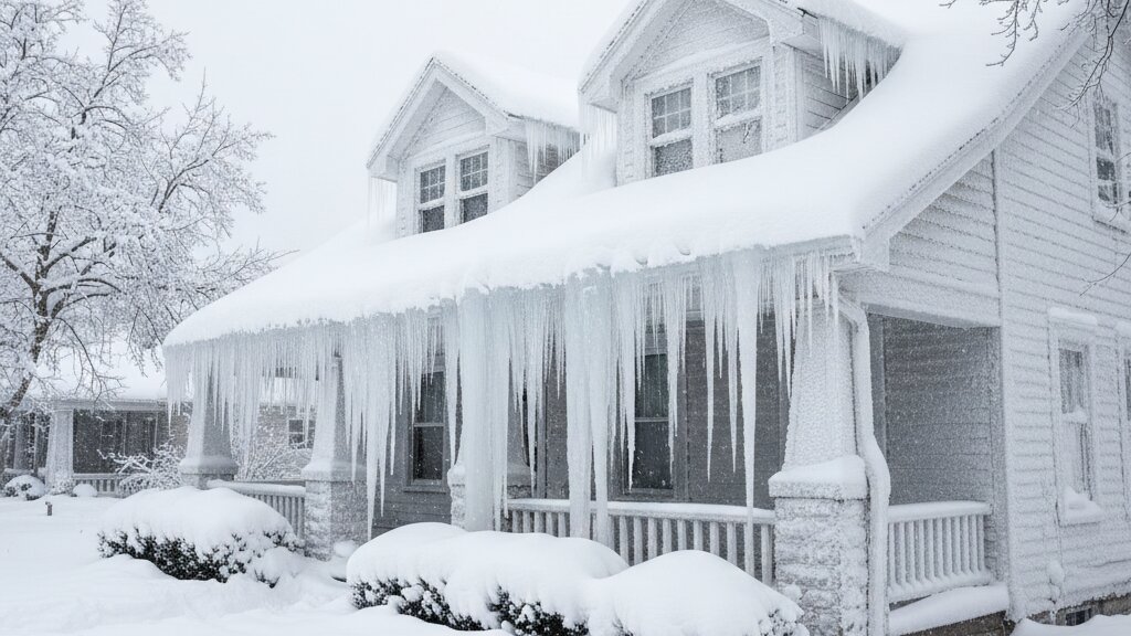 Winter storm damage with ice dam damage on residential property